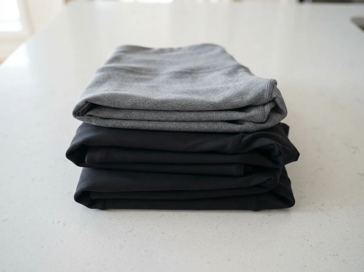 Close-up of folded Dip leggings showing soft fabric texture and a neutral color palette on a clean surface.