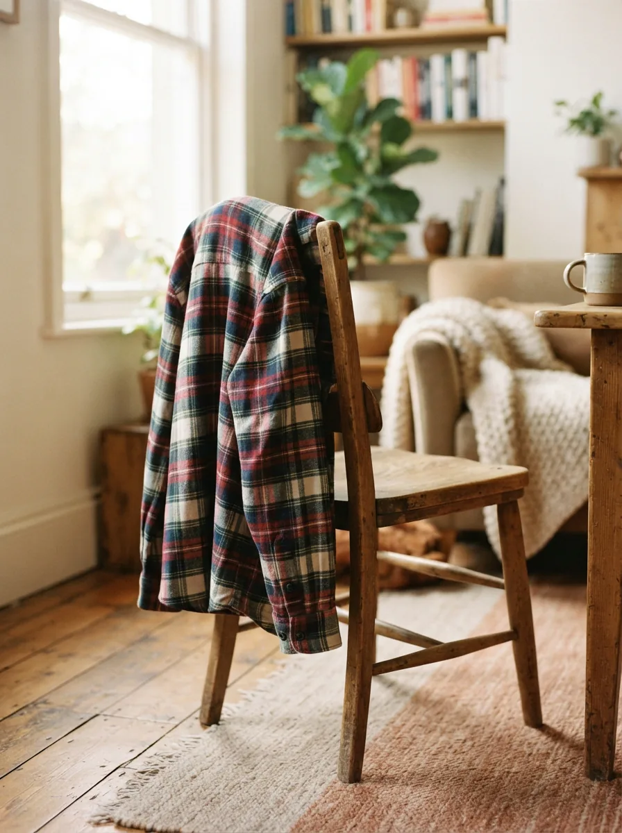 A casually styled Dip flannel shirt draped over the back of a wooden chair in a cozy, sunlit room.
