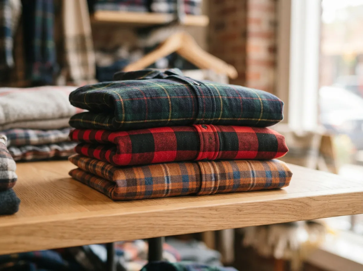 Neatly folded stack of soft Dip flannel shirts in various plaid patterns on a light wooden shelf.