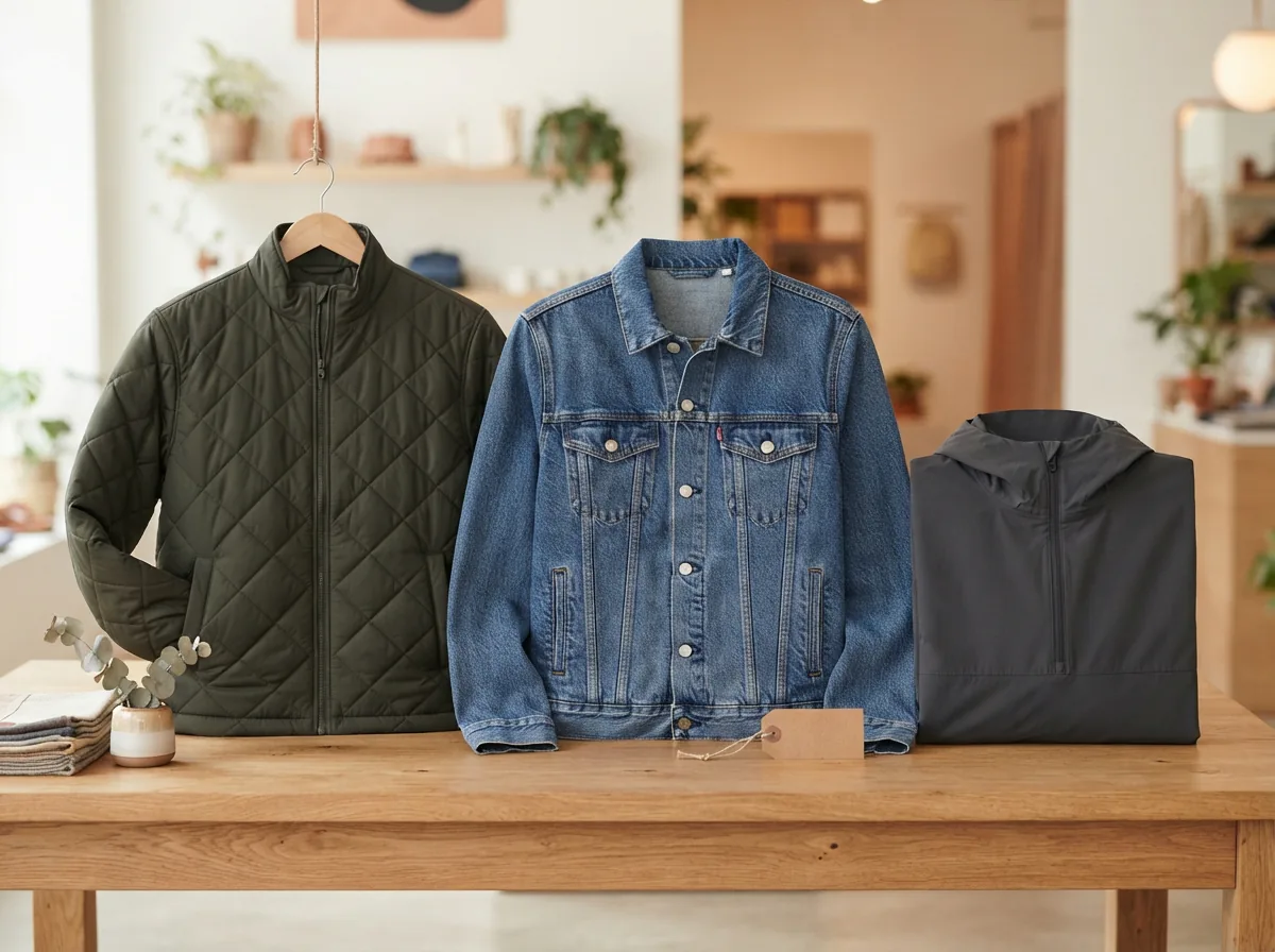 A neatly arranged selection of different Dip jacket styles on a clean, light background.