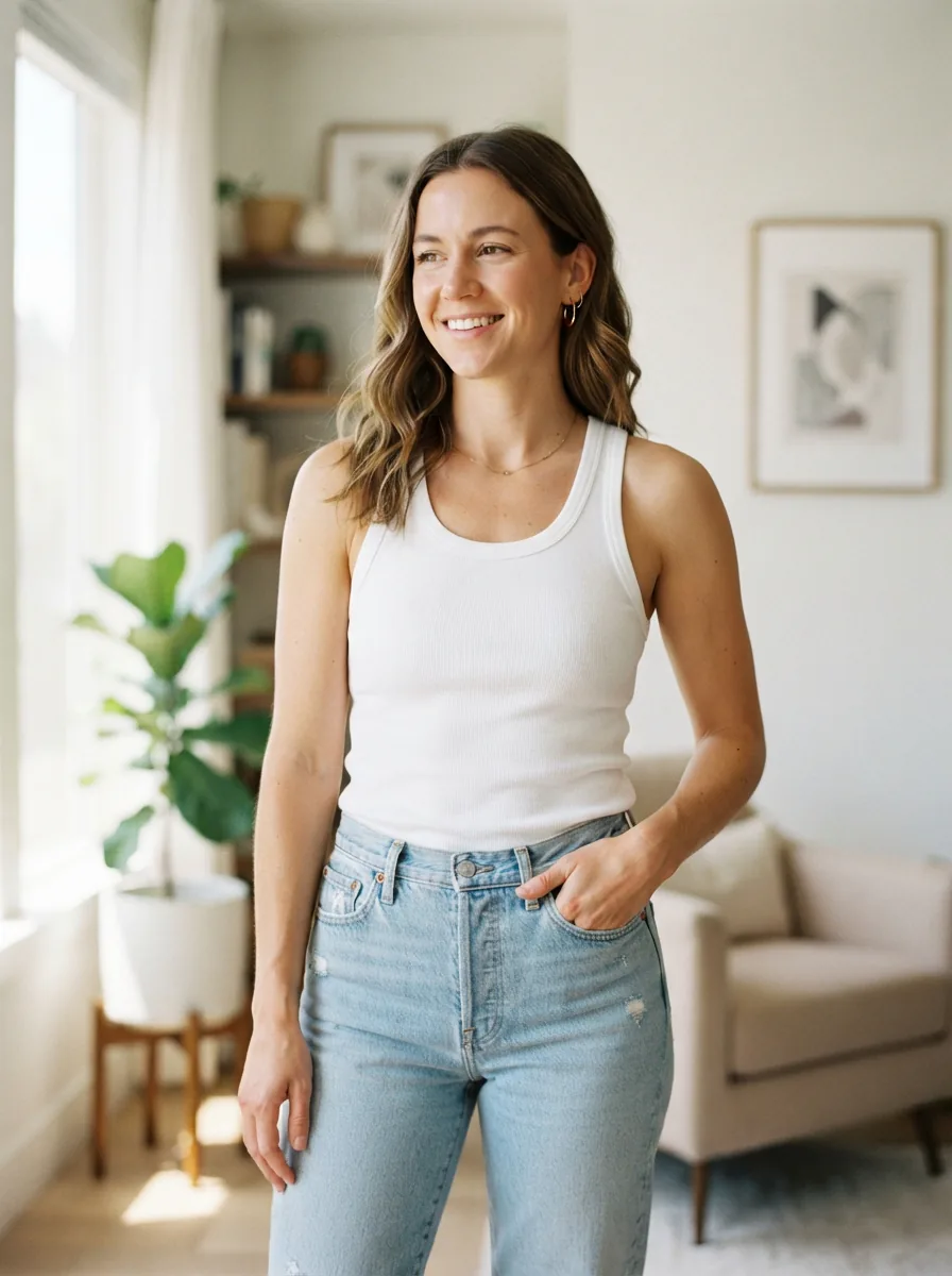 A person casually wearing a white Dip tank top with jeans, standing in a sunlit living room.