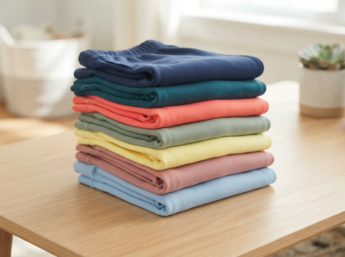 Folded stack of colorful Dip shorts in a bright, organized display.