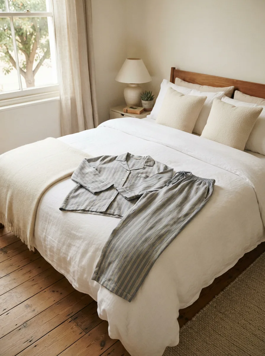 A neatly arranged set of soft, comfortable pajamas on a bed.