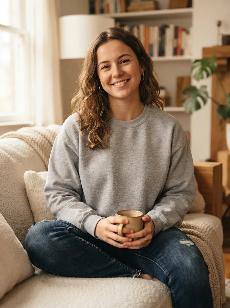 A person wearing a comfortable, stylish Dip sweatshirt in a relaxed, everyday setting.