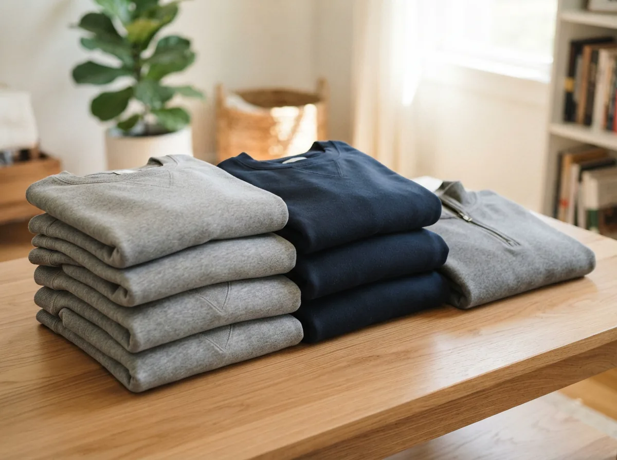 A neat arrangement of folded Dip sweatshirts in various fabrics and colors on a clean surface.