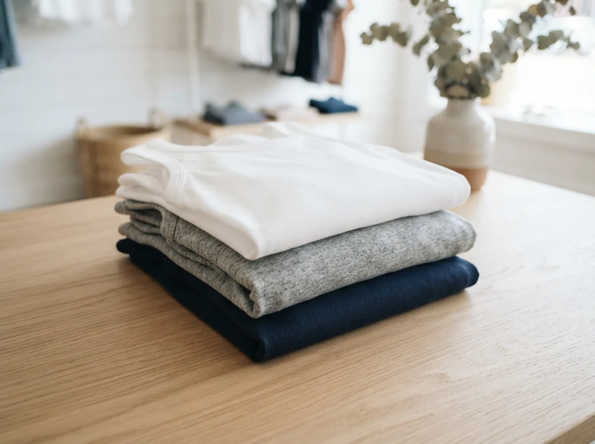 A neat stack of folded Dip tank tops in various neutral colors, shown in a clean, bright retail setting.