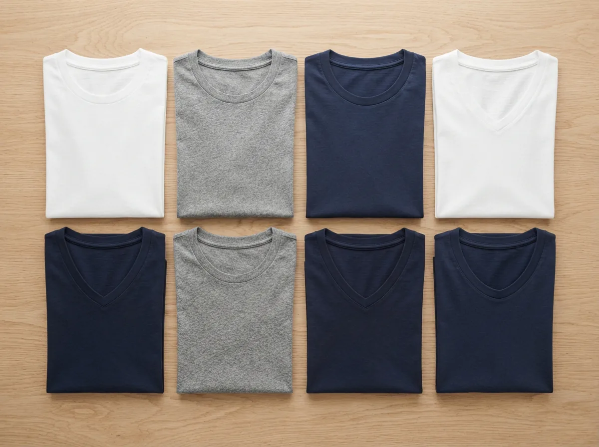 A neatly arranged selection of folded Dip T-shirts in various colors and necklines, displayed on a clean surface.