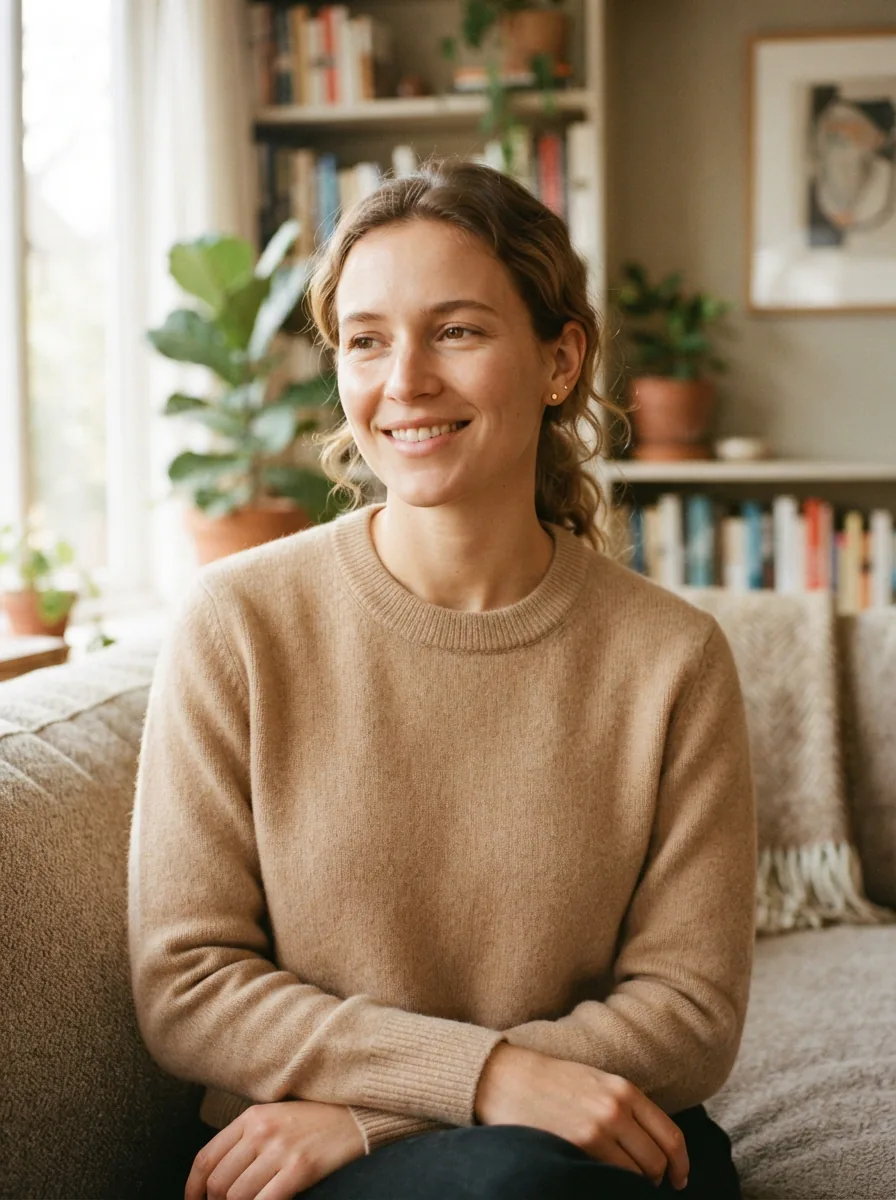 A person wearing a comfortable Dip sweater in a relaxed indoor setting.