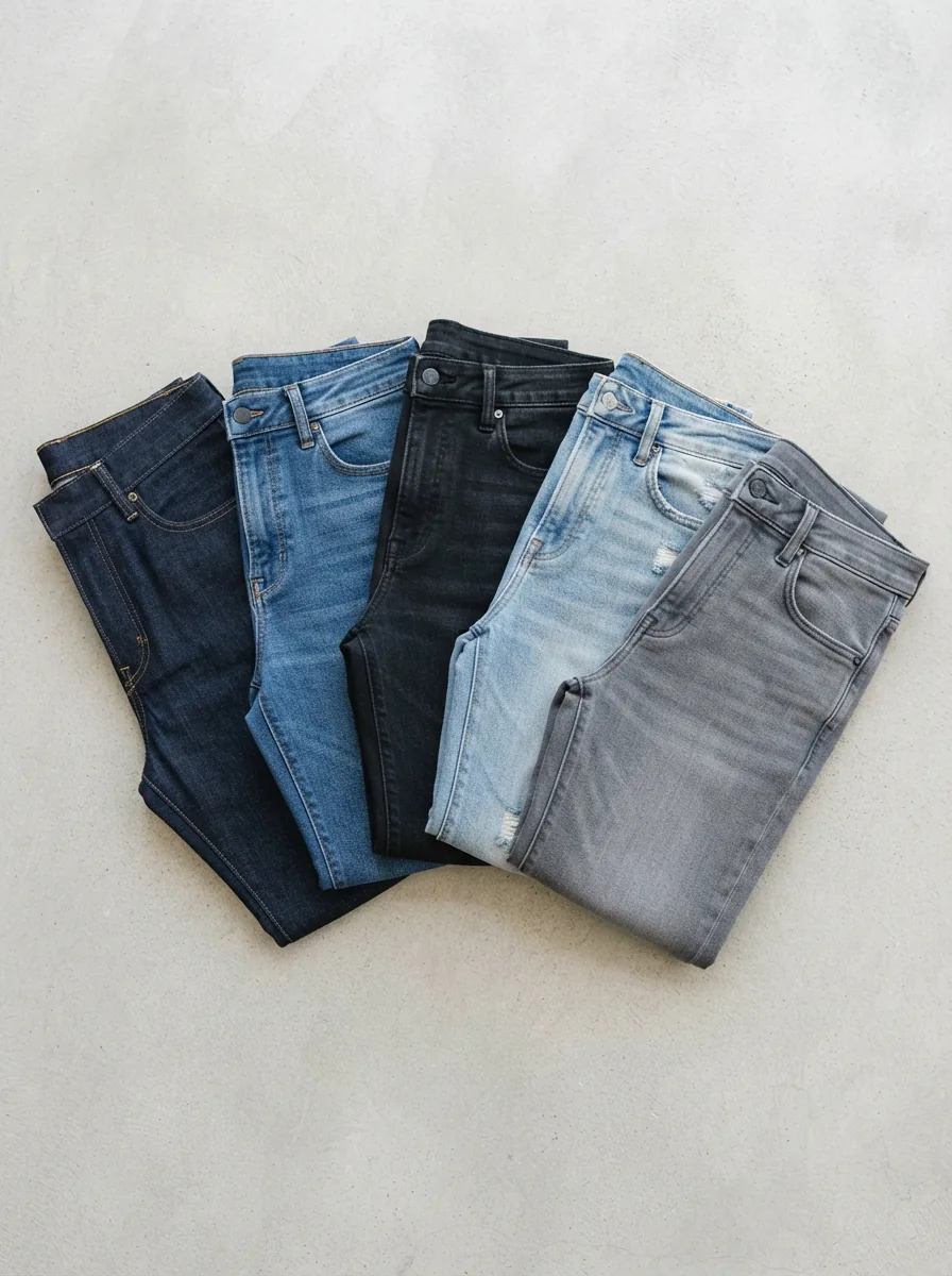 A flat lay of several pairs of Dip jeans in various washes arranged on a light grey background.