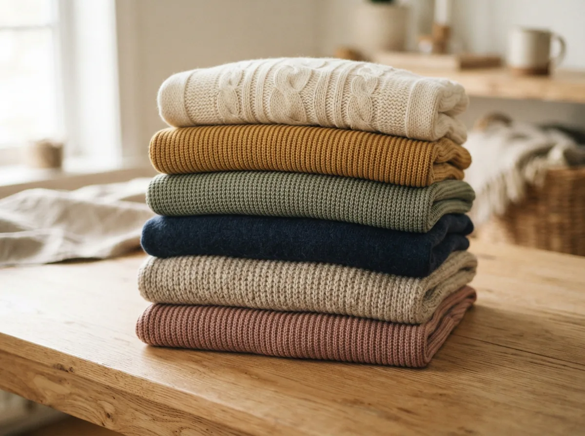 A neatly folded stack of various Dip sweaters in different colors and knits on a light wooden table.