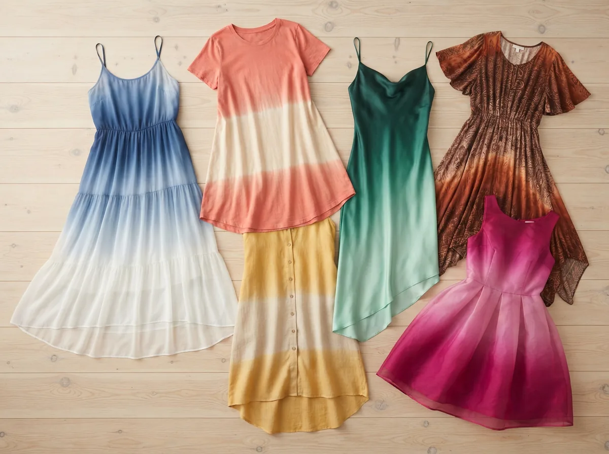 A flat lay of various Dip Dresses in different fabrics and styles, arranged neatly.