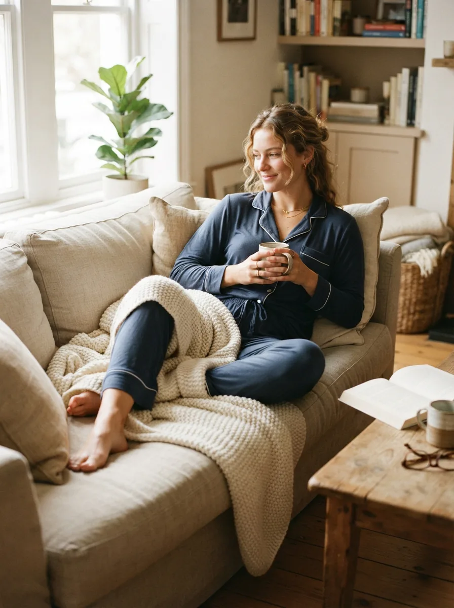A lifestyle scene of a person comfortably relaxing at home in Dip Sleepwear, highlighting cozy fabric and relaxed fit.
