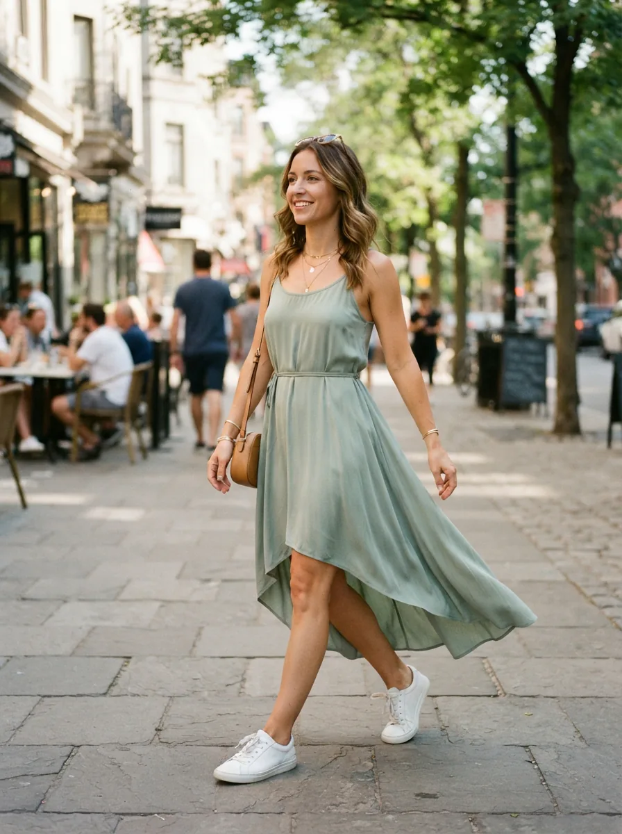 A stylish woman wearing a flowing Dip Dress in a casual outdoor setting.