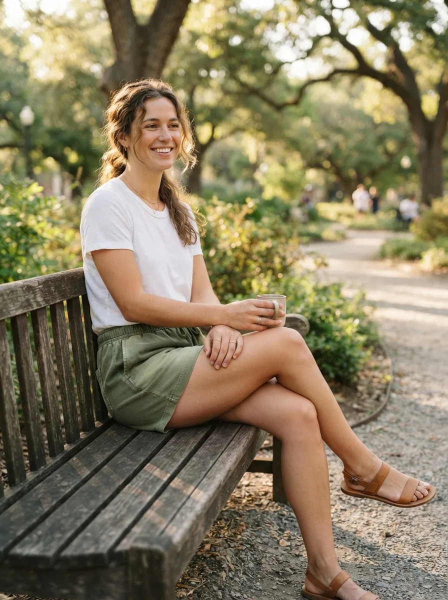 A casual lifestyle scene of a person wearing Dip shorts while relaxing outdoors.