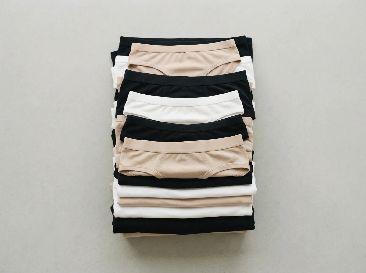 A neatly arranged stack of folded Dip underwear in various styles and neutral colors on a clean, light-colored surface.