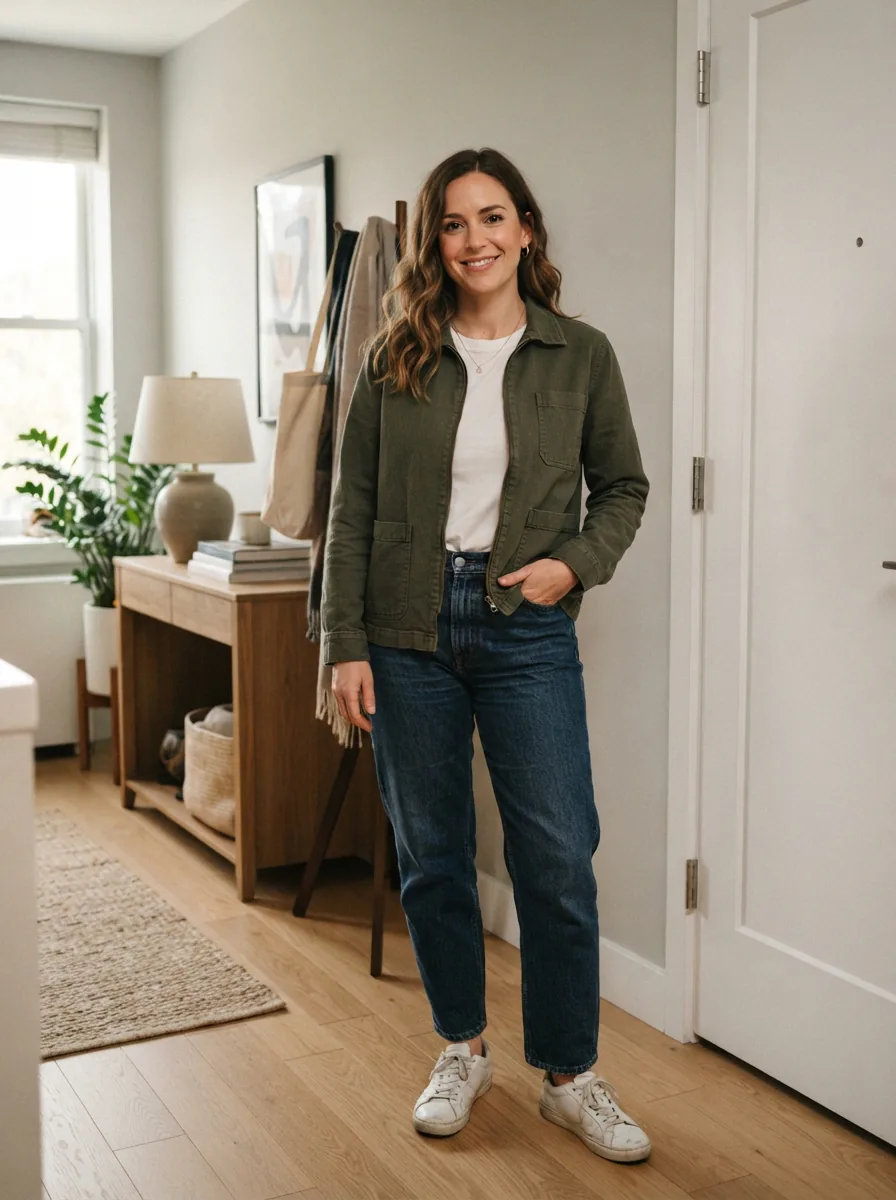 A person casually wearing a Dip jacket over a simple outfit, standing in a bright, everyday setting.