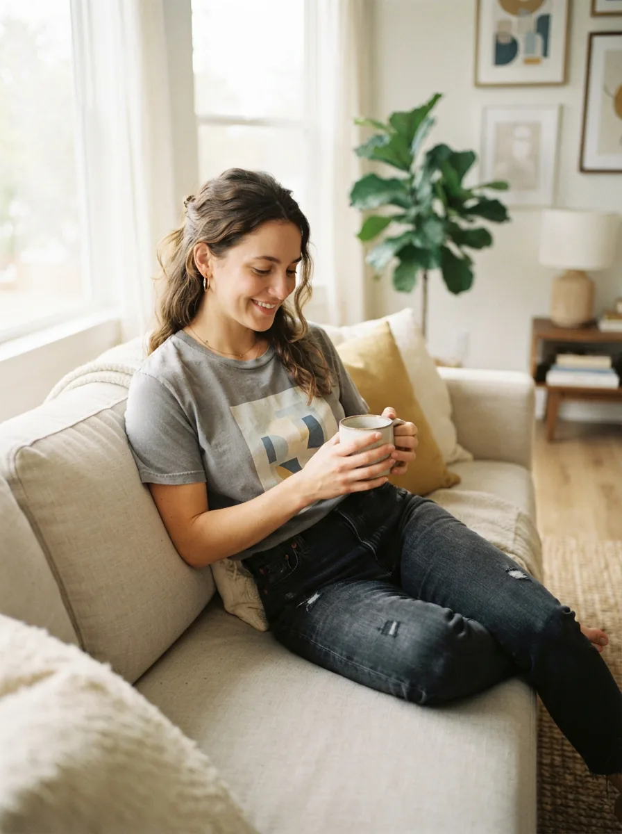 A person wearing a comfortable graphic t-shirt while relaxing on a sofa in a casual, well-lit living room setting.