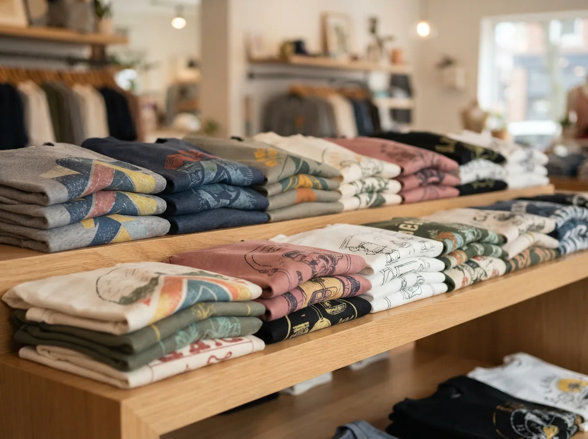 A collection of casual graphic t-shirts neatly folded and stacked on a modern shelf, showing different colors and designs.
