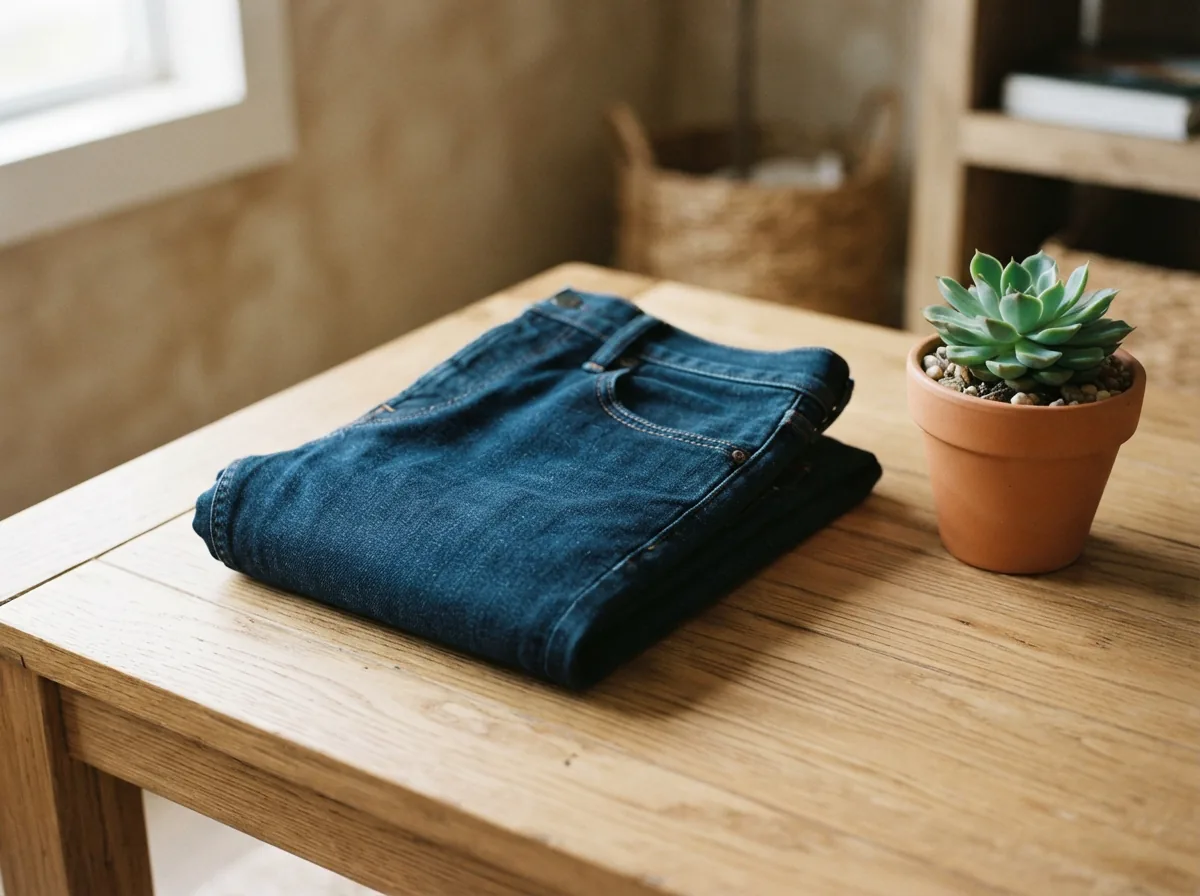 A pair of neatly folded Dip jeans on a clean wooden table next to a small potted plant.