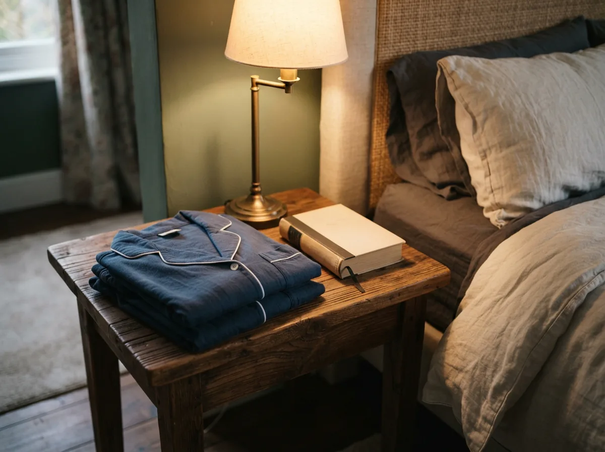 A tidy bedside table with folded pajamas, a book, and a soft lamp.