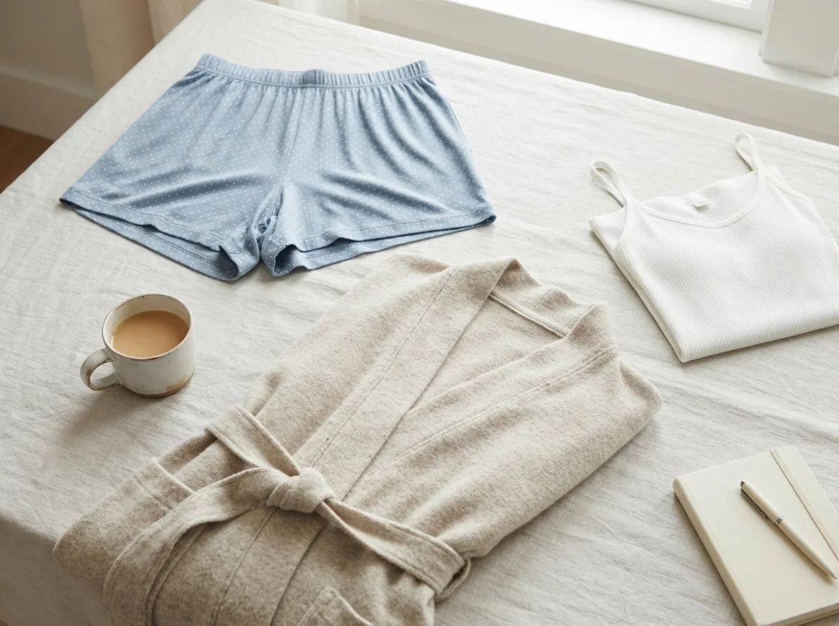 A neatly arranged collection of comfortable Dip sleepwear, including pajama shorts and a soft robe, displayed on a clean surface.
