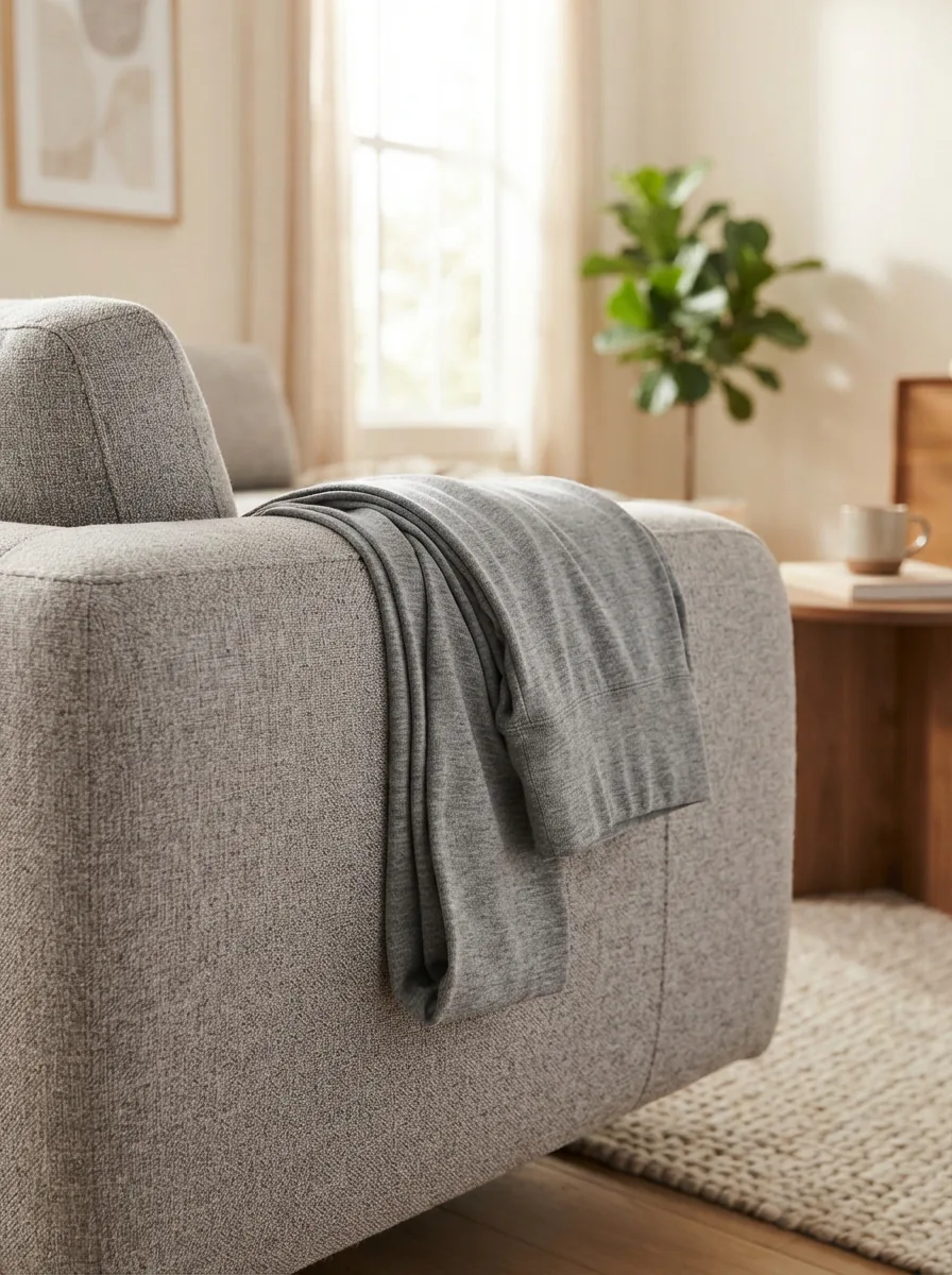 A pair of gray Dip leggings draped casually over the arm of a modern sofa in a bright living room.