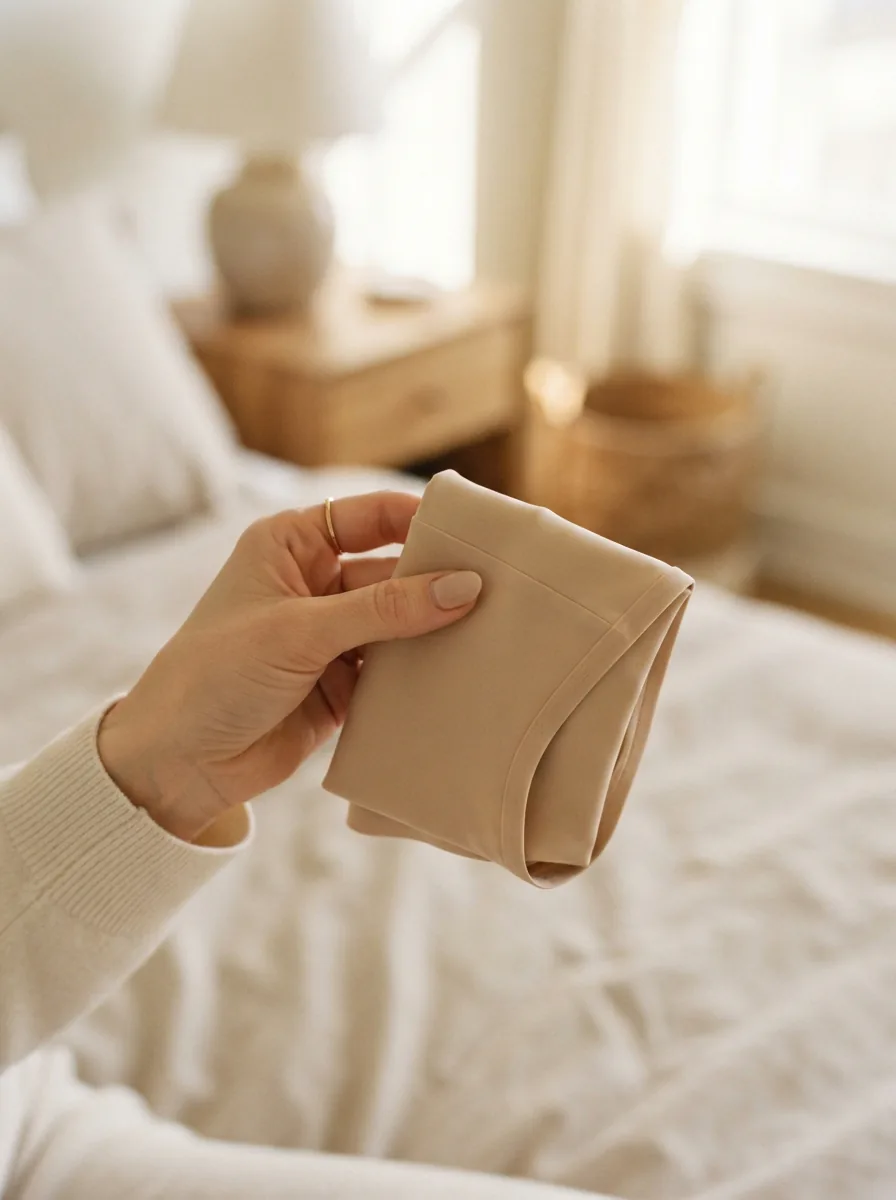 A close-up shot of a woman's hand holding a single folded beige Hipster underwear, showcasing its soft fabric and seamless edge against a blurred, light background.